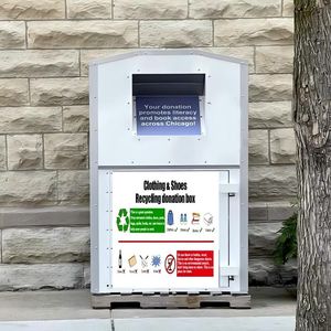 Clothing Donation Recycling Bin Powder Coated Steel Custom Logo Outdoor Street Sidewalk Community Receptacle
