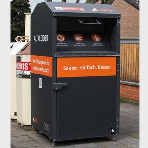 Clothing Donation Recycling Bin Powder Coated Steel Front Loading Locking Lid Outdoor Sidewalk Community Cabinet