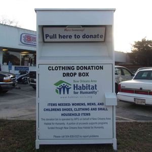 Clothing Donation Recycling Bin Coated Steel Tall Vertical Custom Logo Outdoor Commercial Community Container