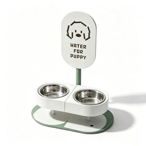 Pet Training Dog Park Water Fountain Double Bowl Elevated Signboard Green Stainless Steel Indoor